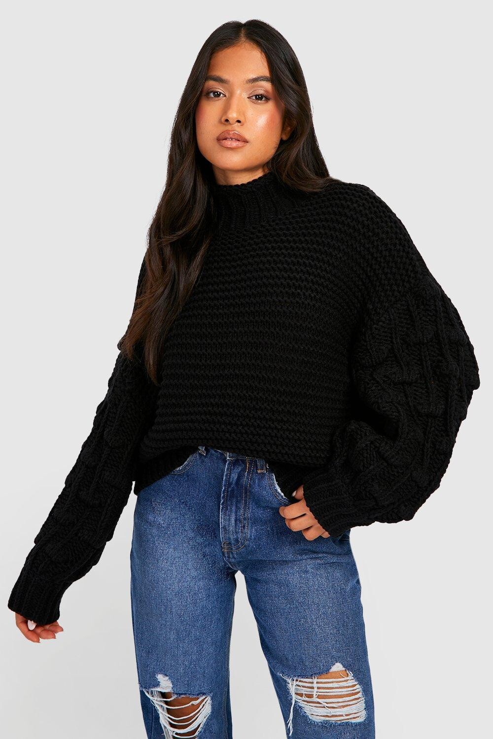 

Свитер крупной трикотажной водолазки petite premium Boohoo, черный