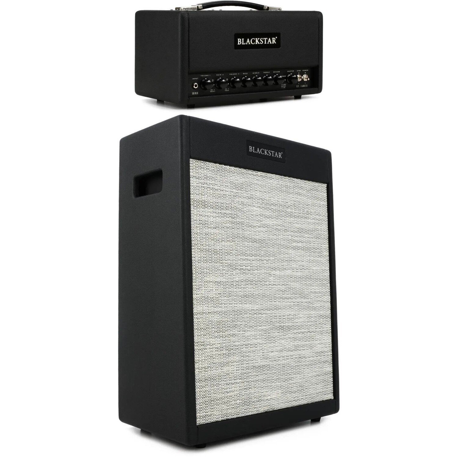 

Blackstar St. James 50-ваттная ламповая головка с комплектом кабинетов St. James 2 x 12 дюймов — черный