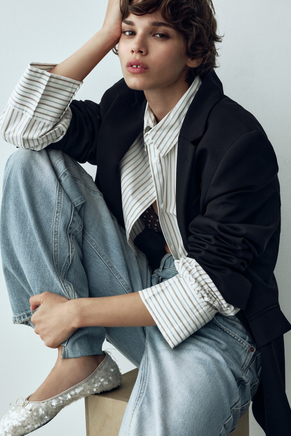 

Укороченная рубашка в полоску Zara, коричневый/белый