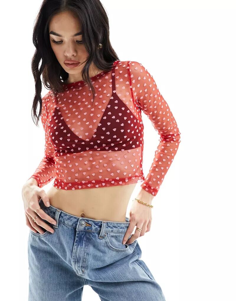 

Красный сетчатый топ с принтом в форме сердца ASOS, Коричневый