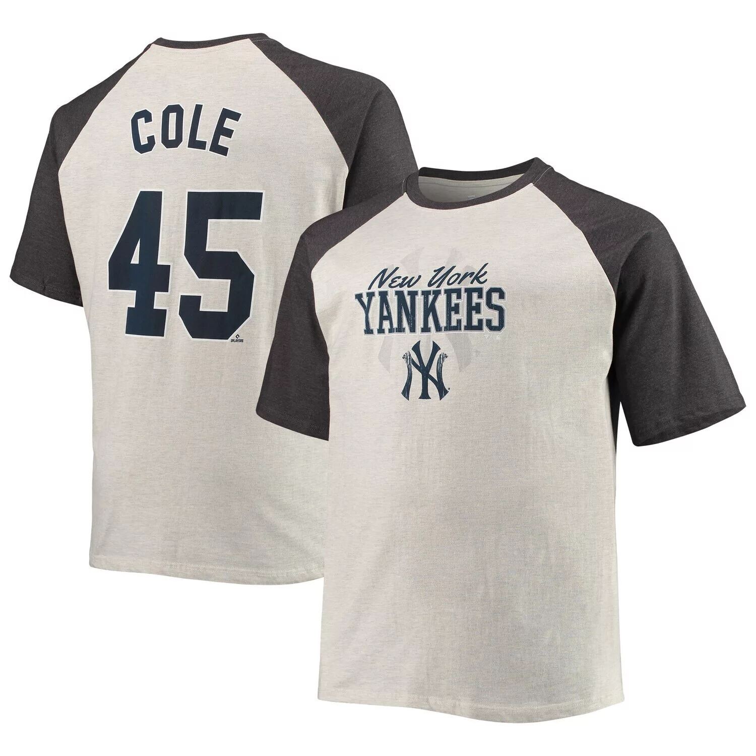

Мужская футболка овсяного/серого цвета Gerrit Cole New York Yankees с именем и номером реглан