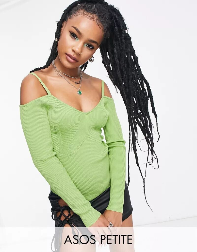 

Зеленый джемпер с открытыми плечами и корсетом ASOS DESIGN Petite