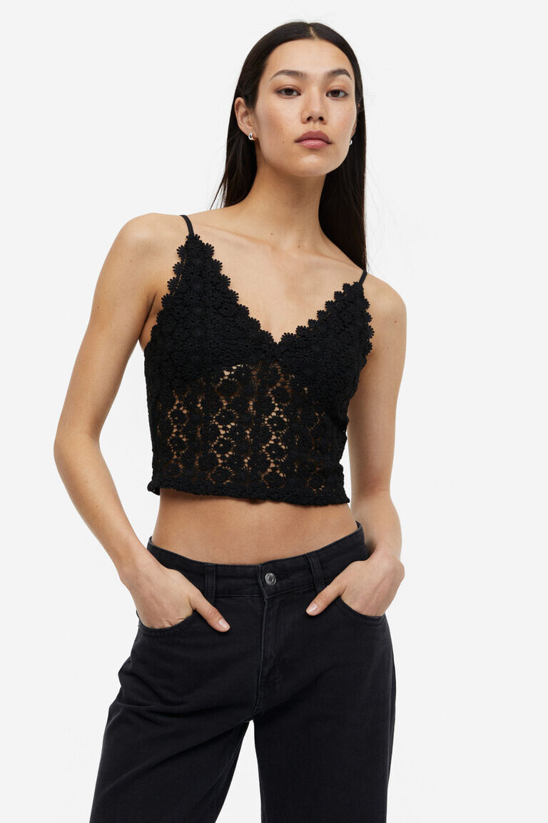 

Укороченный кружевной топ H&M, черный