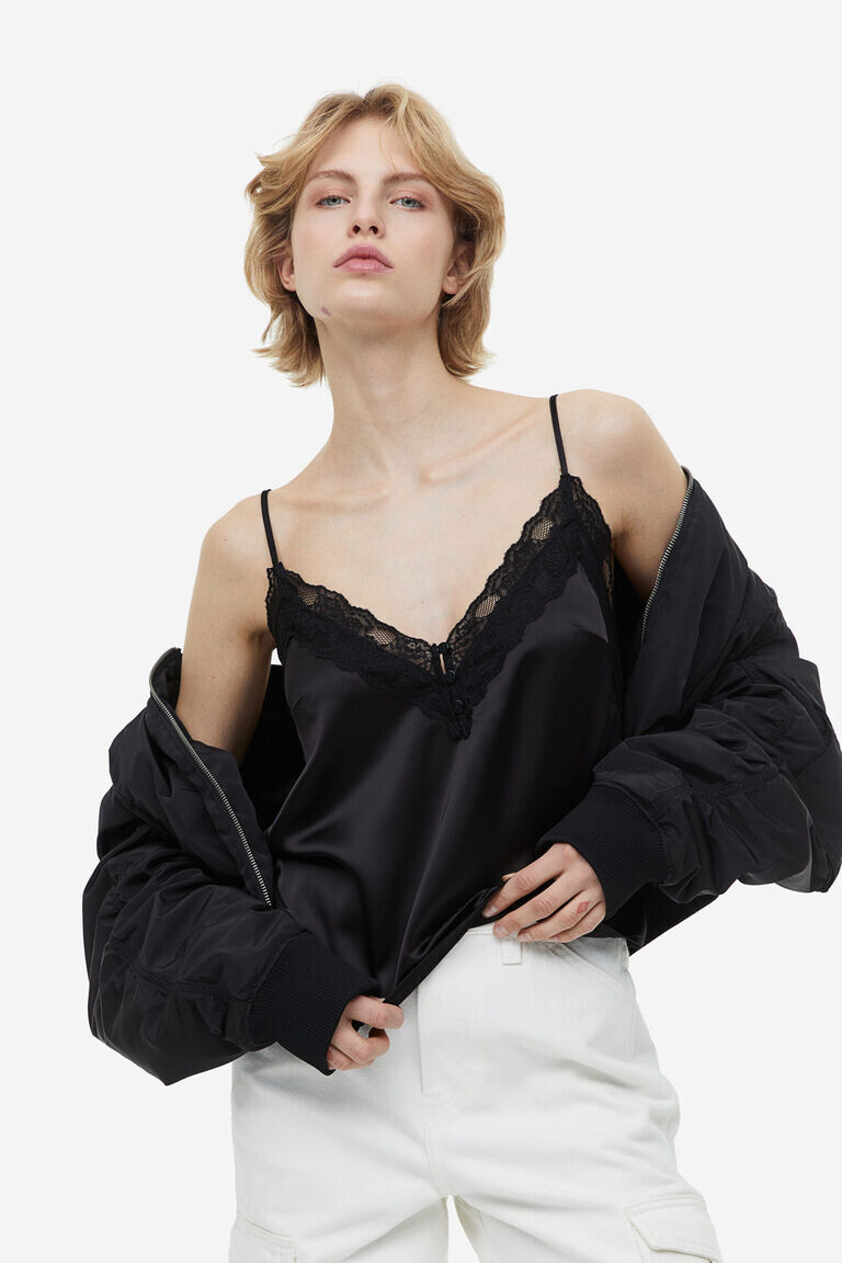 

Атласный топ на бретелях с кружевной отделкой H&M, черный