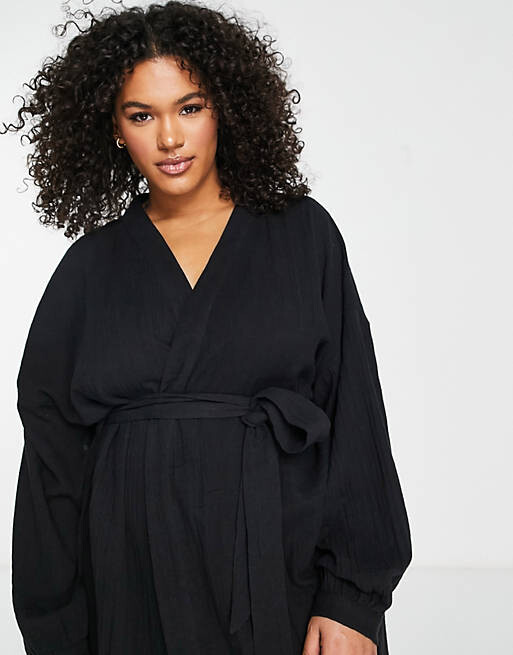 

Черное газовое пляжное кимоно с рукавами-колокольчиками ASOS DESIGN Curve