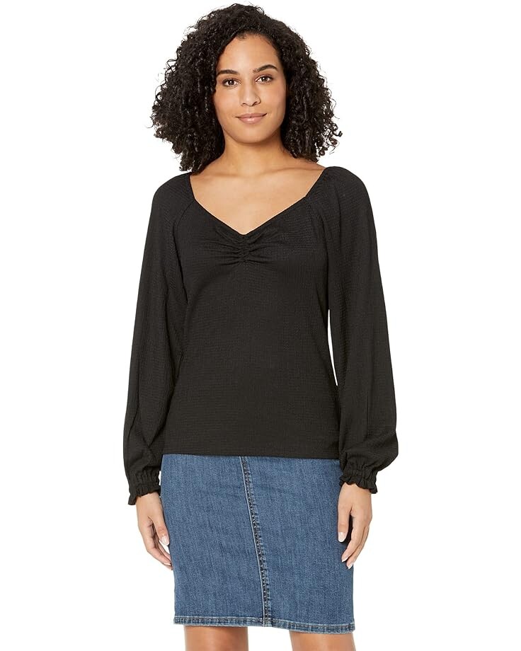 цена Топ MICHAEL Michael Kors Long Sleeve Puff Sleeve Ruched, черный