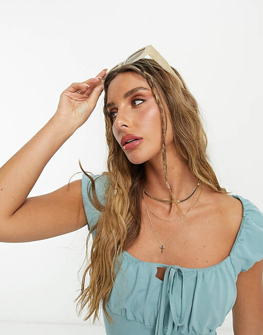 

Пыльно-синее чайное платье миди со сборками и рукавами ASOS DESIGN, Синий