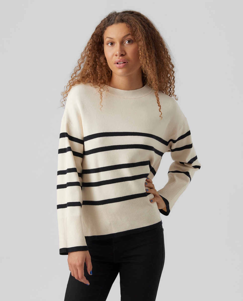 Женский полосатый свитер с длинными рукавами и круглым вырезом Vero Moda, белый