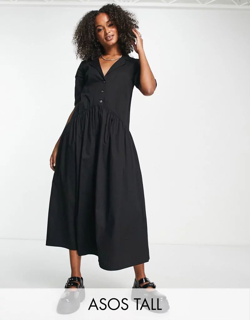 Черное свободное платье миди на пуговицах с твиловым воротником ASOS DESIGN Tall черное атласное платье миди на пуговицах asos design tall