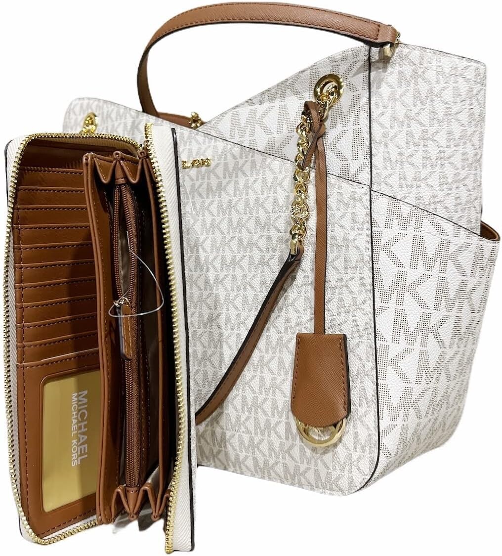 

Большая сумка-тоут Michael Kors Jet Set Travel через плечо и браслет Continental, цвет Vanilla Signature MK