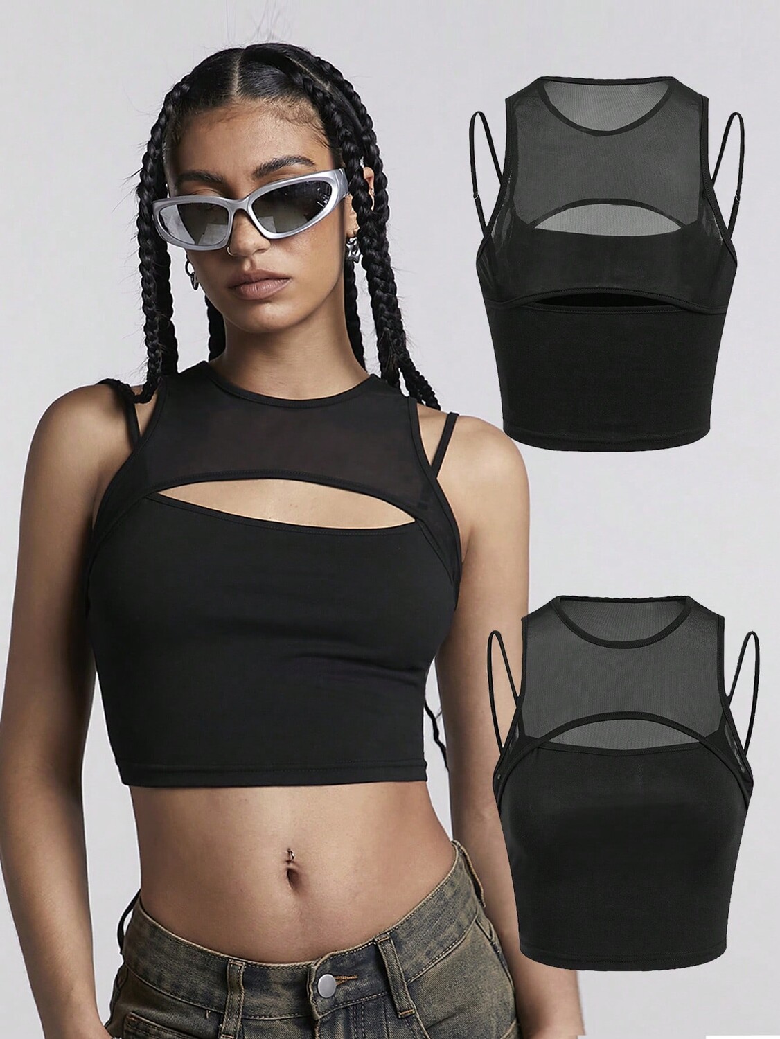 

SHEIN Coolane Повседневный дышащий хлопковый сетчатый топ с вырезами в уличном стиле, черный цвет