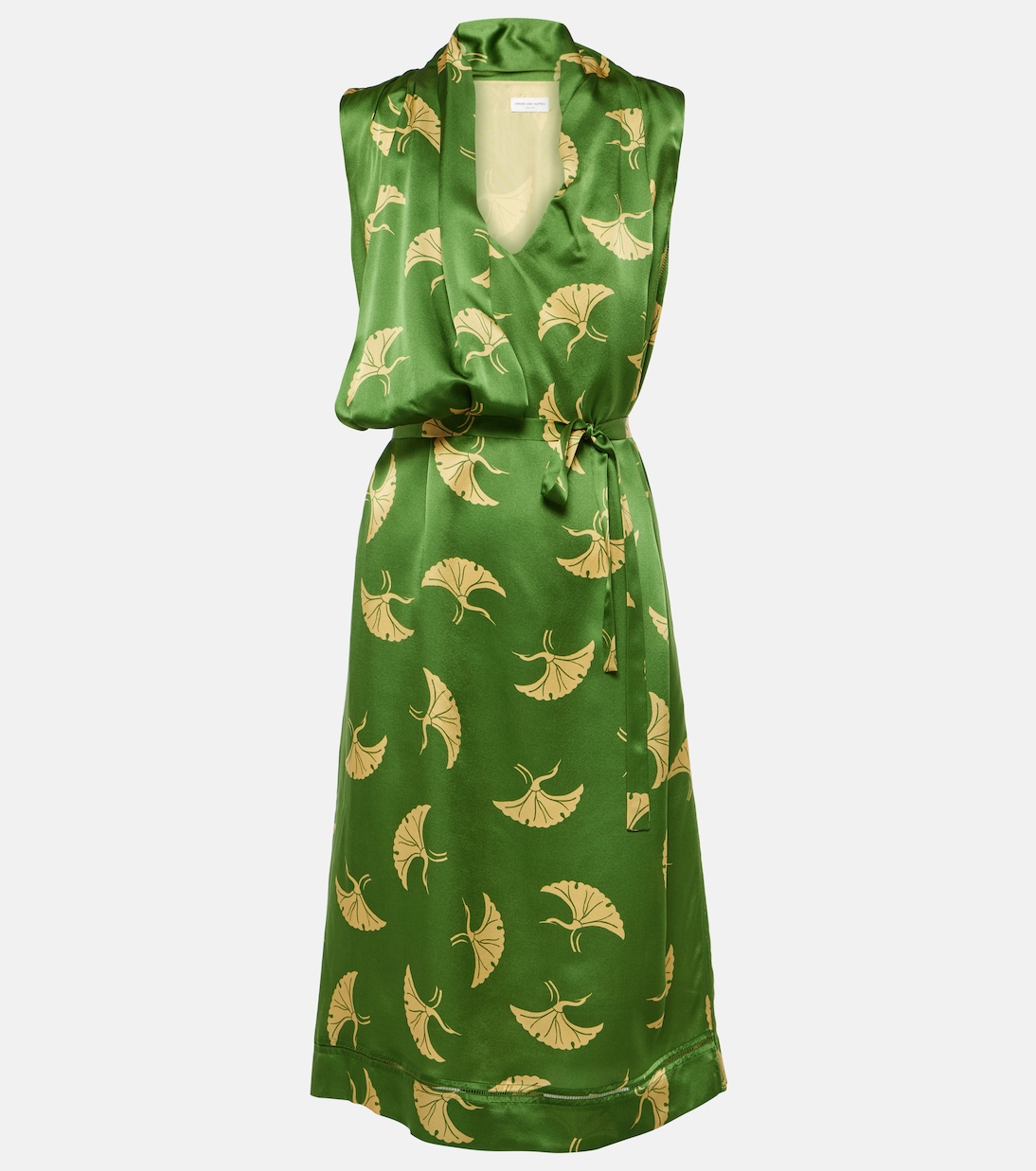 цена Платье из шелкового атласа с принтом и запахом Dries Van Noten, зеленый