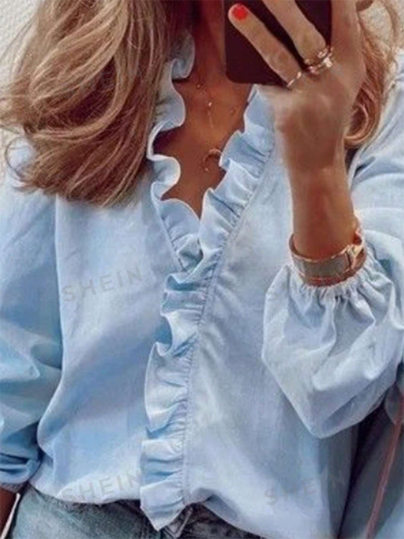 SHEIN Privé Однотонная блузка с рукавами-фонариками и рюшами, синий элегантная кружевная шифоновая блузка оверсайз с оборками и рукавами фонариками на шнуровке летние повседневные пуловеры милая женская о