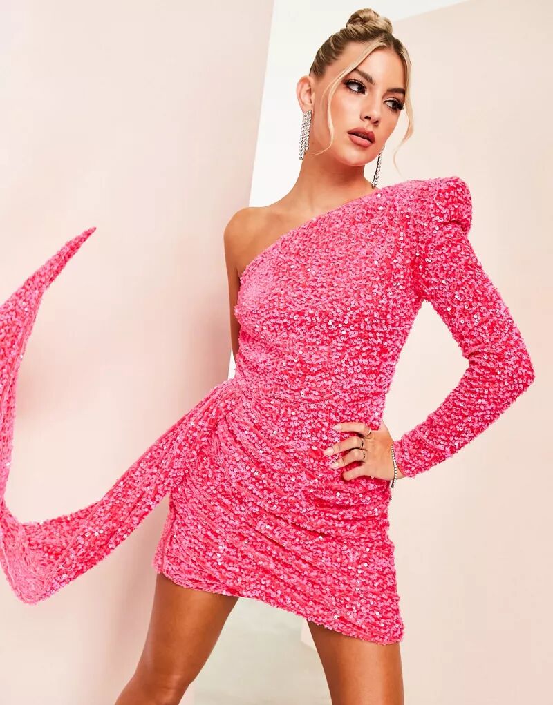 Платье мини на одно плечо ASOS с асимметричной драпировкой и отделкой розовыми пайетками