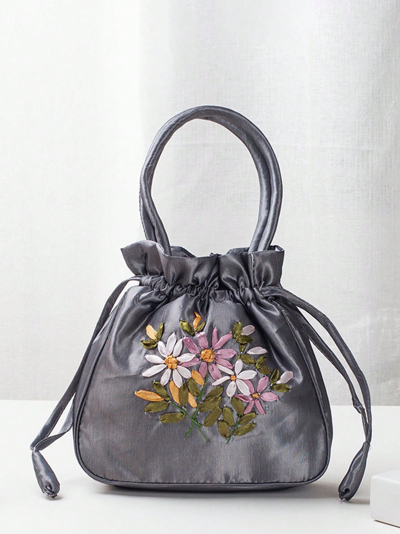 Мини-элегантная сумка-ведро с цветочной вышивкой на шнурке, серый