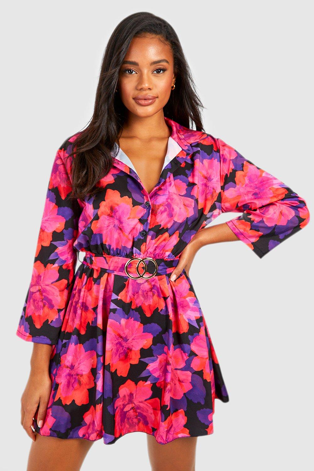 Платье-рубашка с поясом и цветочным принтом Boohoo, фиолетовый