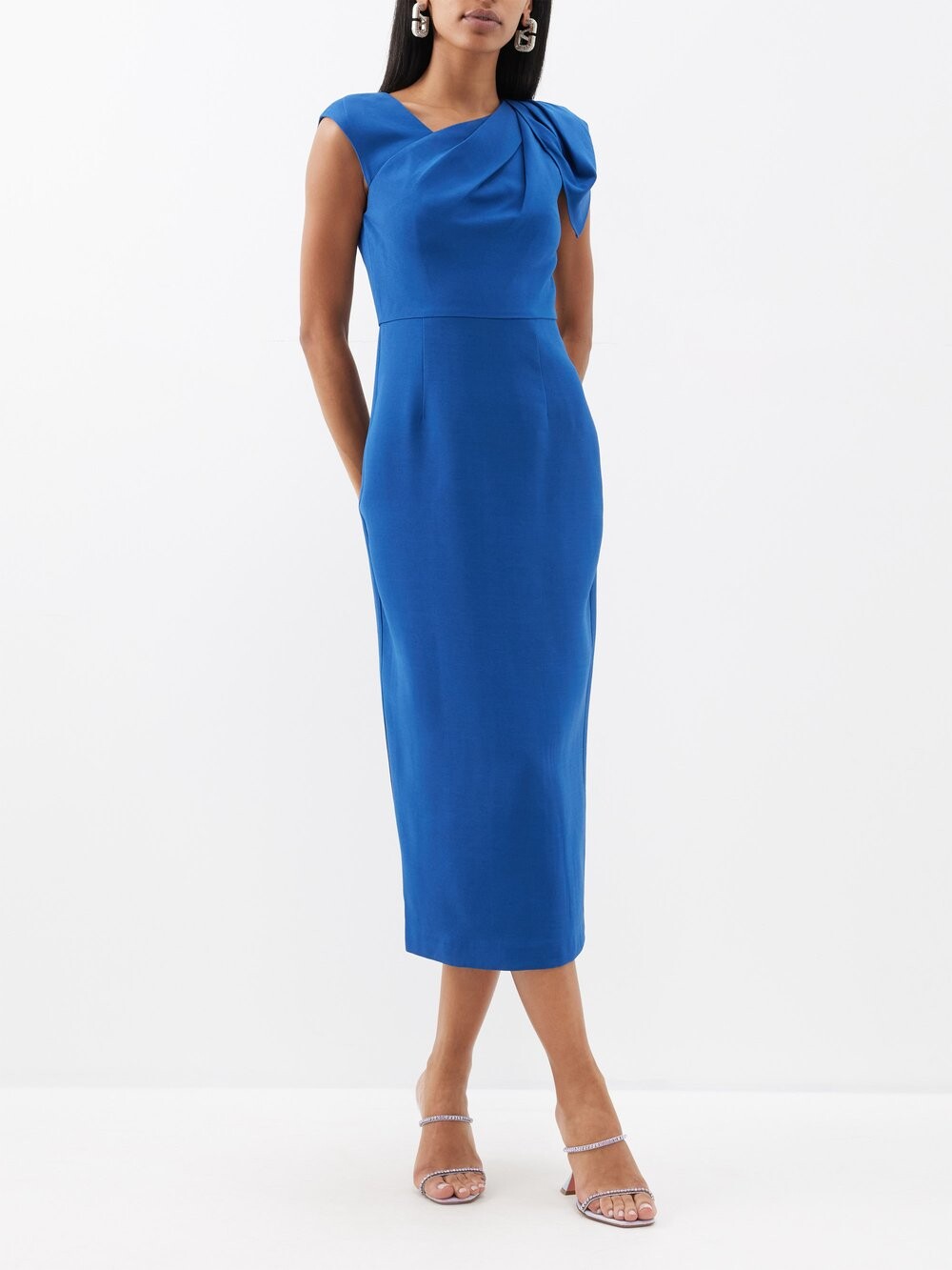 

Платье миди из смесовой шерсти со сборками на плечах Roland Mouret, синий