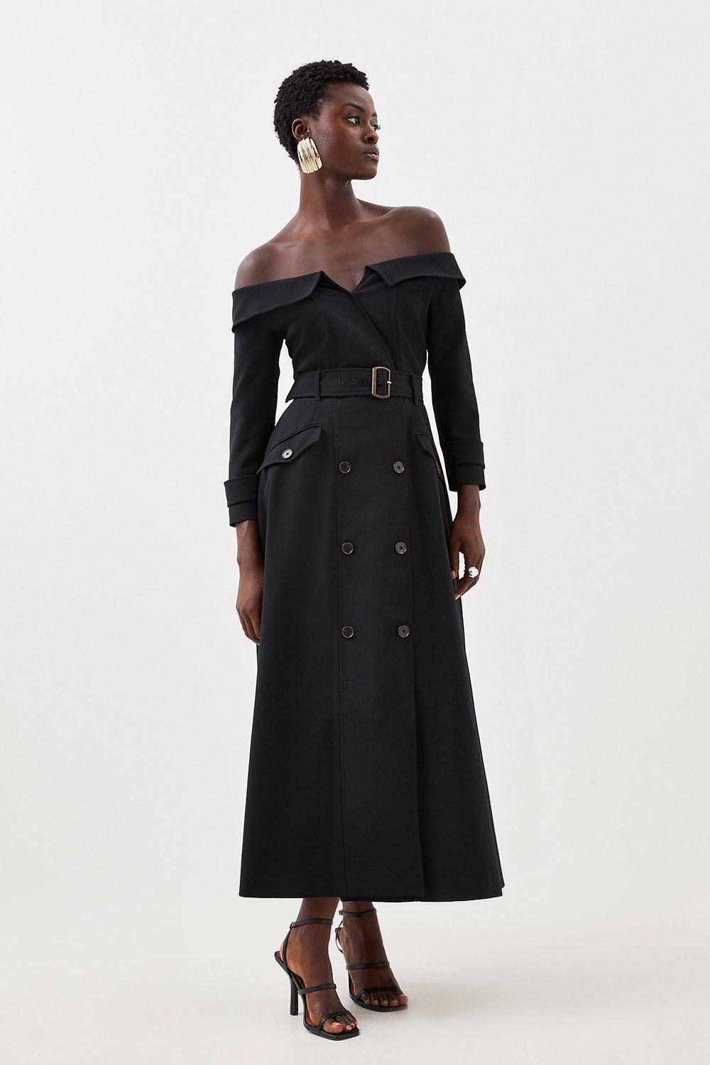 Приталенное двубортное платье с открытыми плечами и поясом и карманами Karen Millen, черный