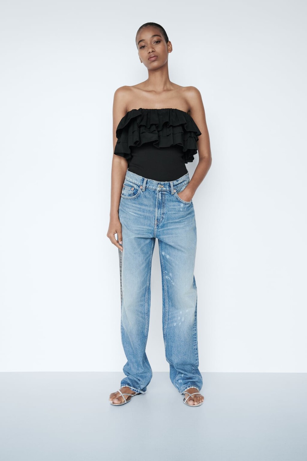 

Боди без бремеел с оборками ZARA, черный