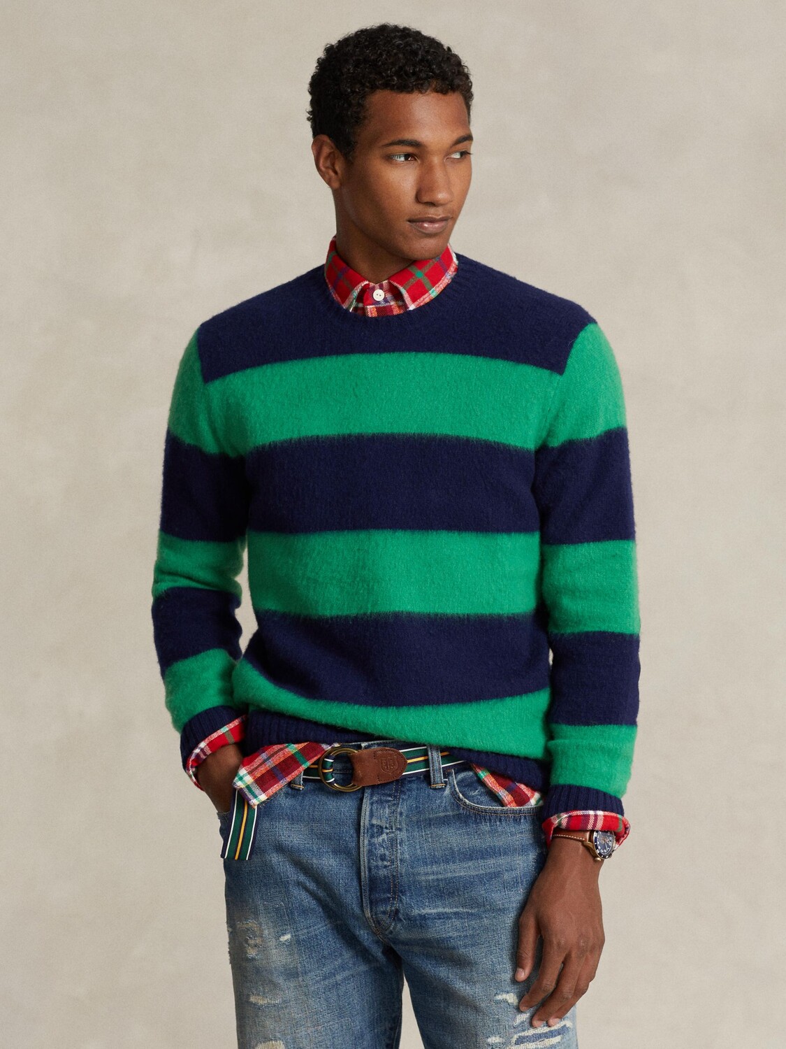 

Джемпер-поло с длинными рукавами и хлопковыми полосками Ralph Lauren, темно-синий/зеленый