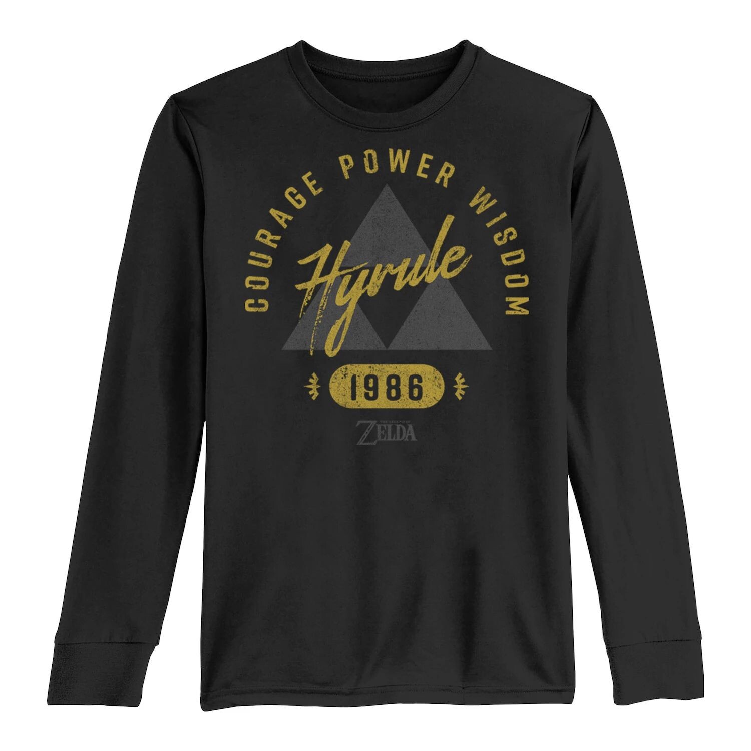 

Потертая футболка с длинными рукавами и рисунком Zelda Courage Power Wisdom Hyrule Triforce 1986 для мальчиков 8–20 лет Licensed Character