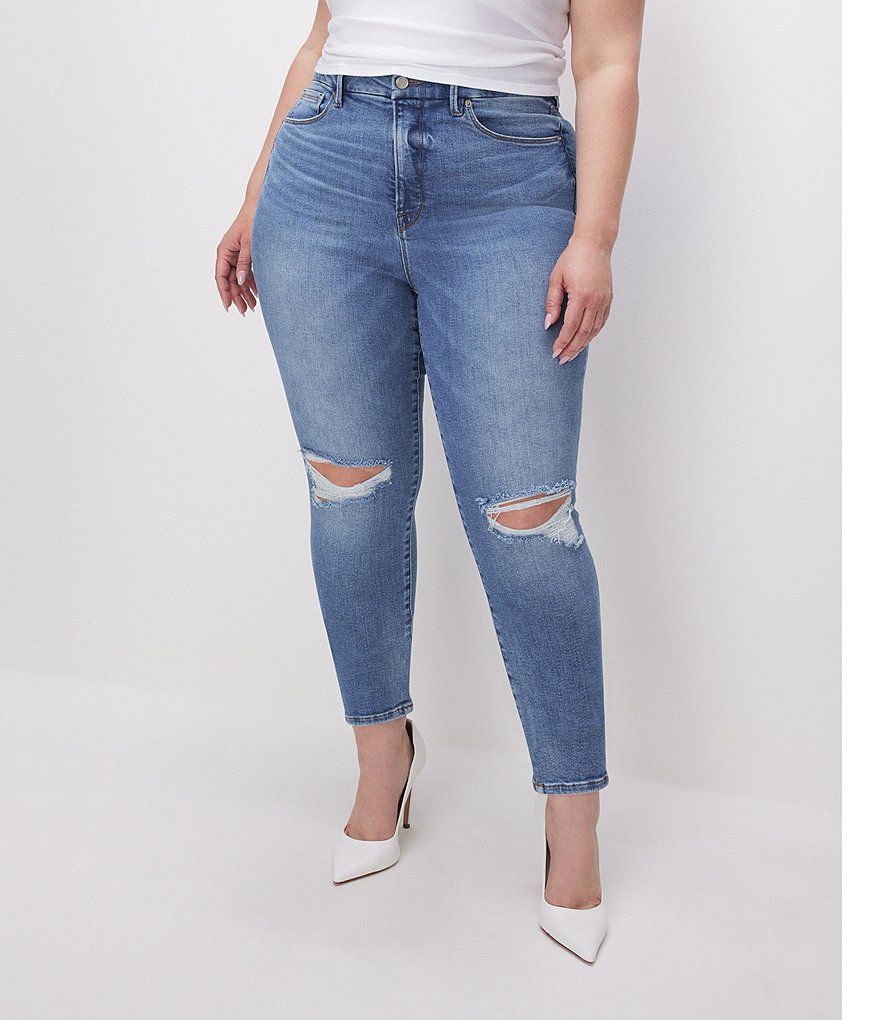 Укороченные джинсы скинни Good American Plus Good Legs с глубоким V-образным вырезом, синий