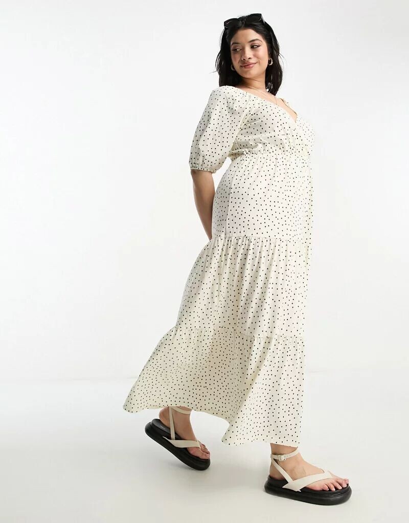 

Белое ярусное платье миди с запахом и короткими рукавами ASOS DESIGN Curve в горошек