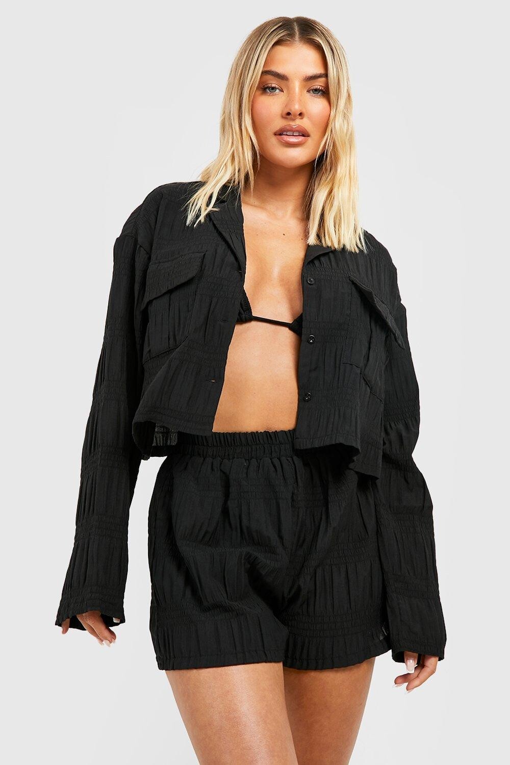 

Рубашка с карманами и короткой пляжной из двух частей Boohoo, черный