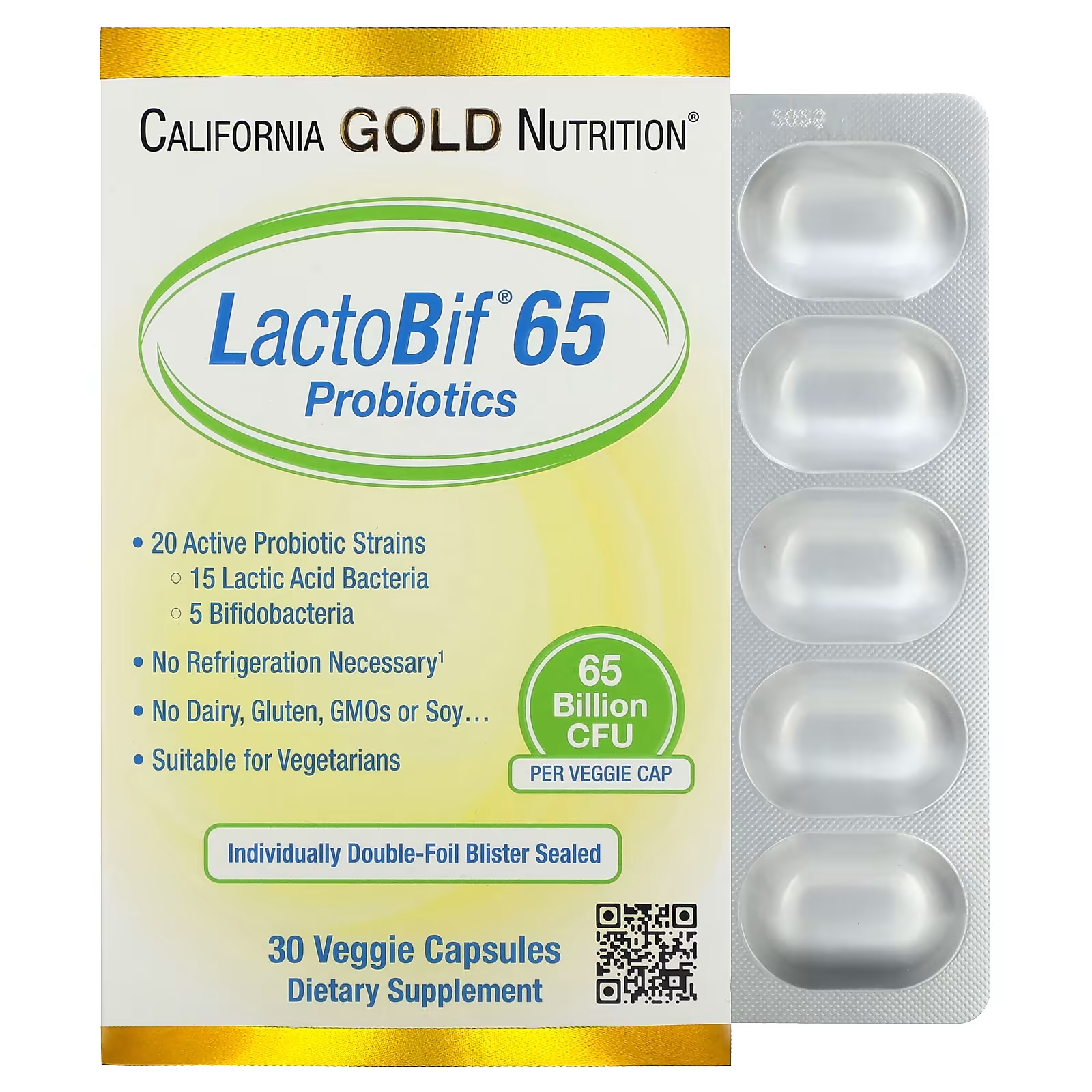 California Gold Nutrition LactoBif 65 Пробиотики 65 миллиардов КОЕ 30 растительных капсул пробиотики lactobif 100 миллиардов кое 30 капсул california gold nutrition