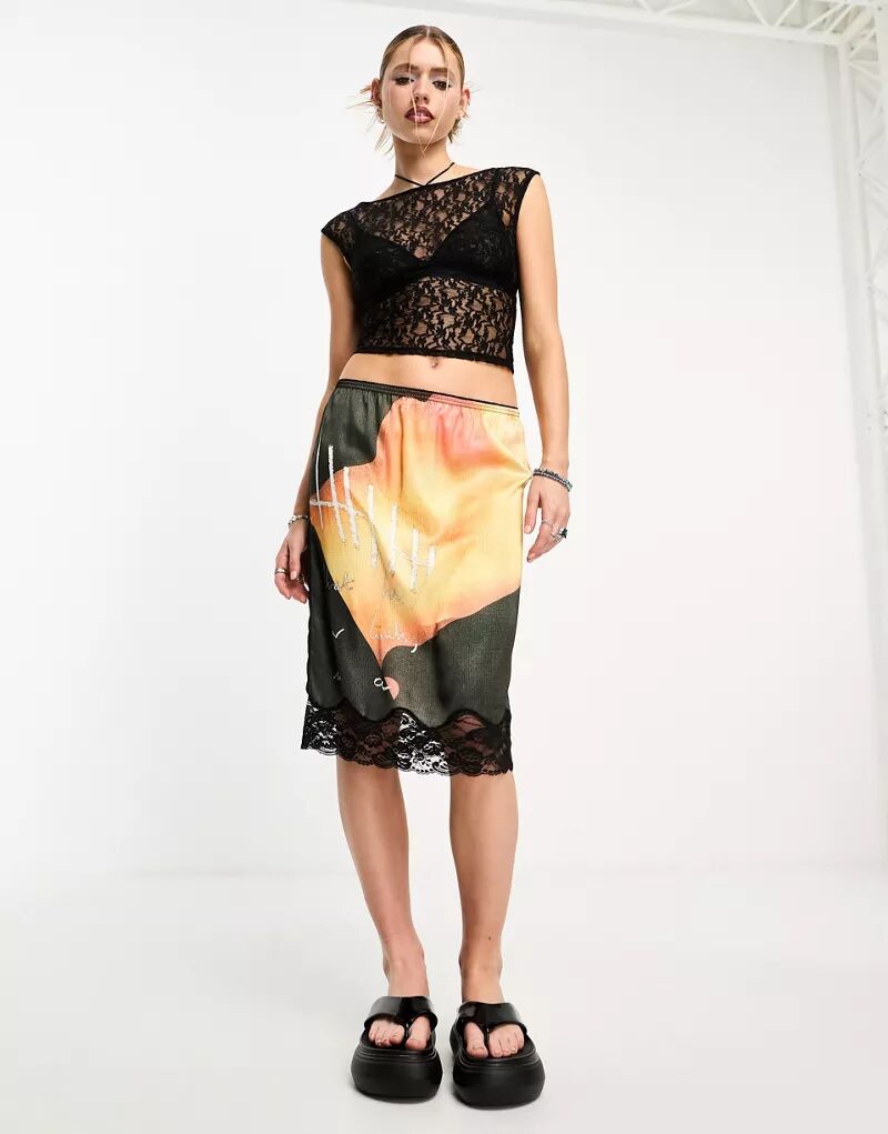 Разноцветная юбка-комбинация миди с абстрактным принтом COLLUSION