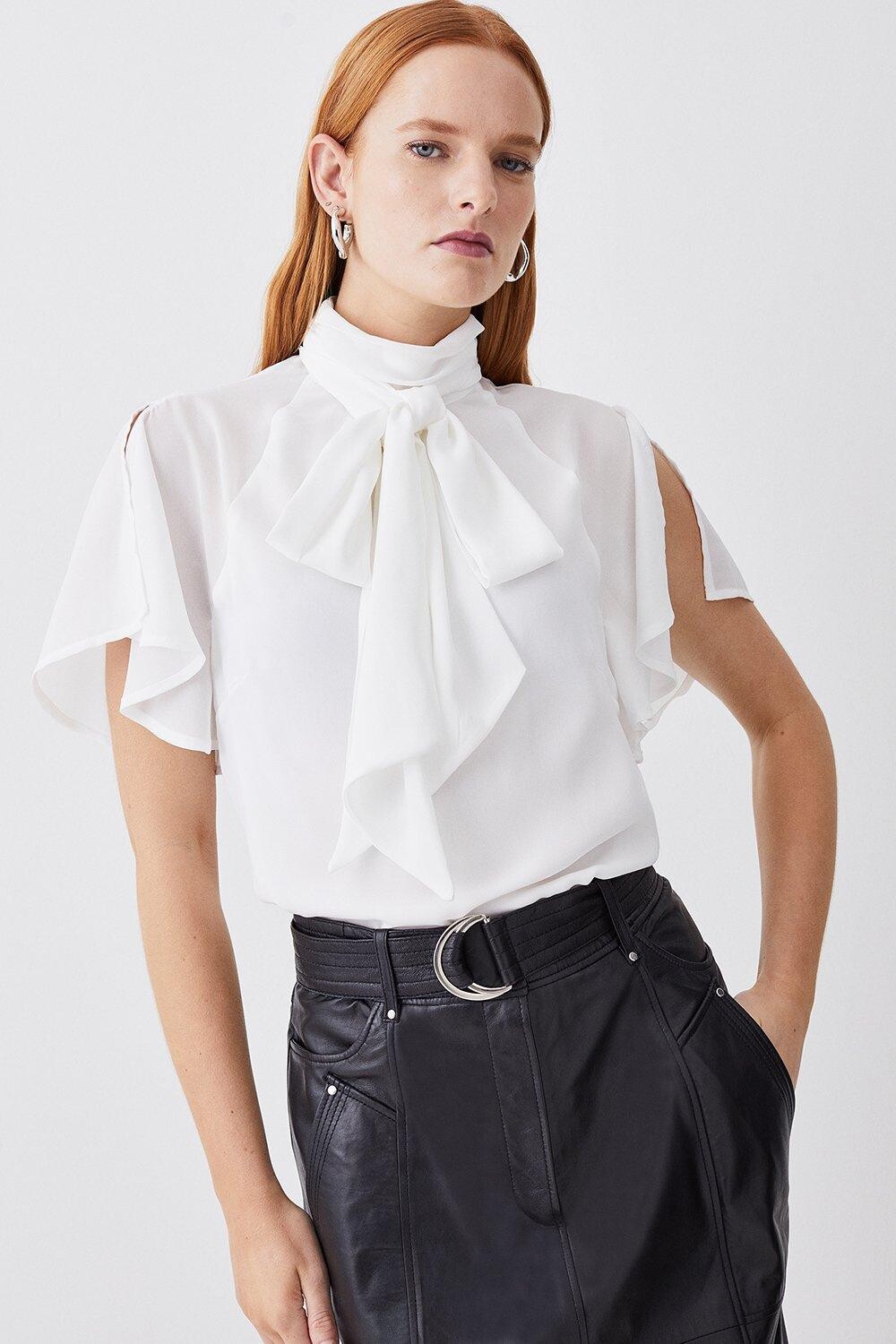 

Тканая блузка с завязками и воротником Georgette Karen Millen, белый