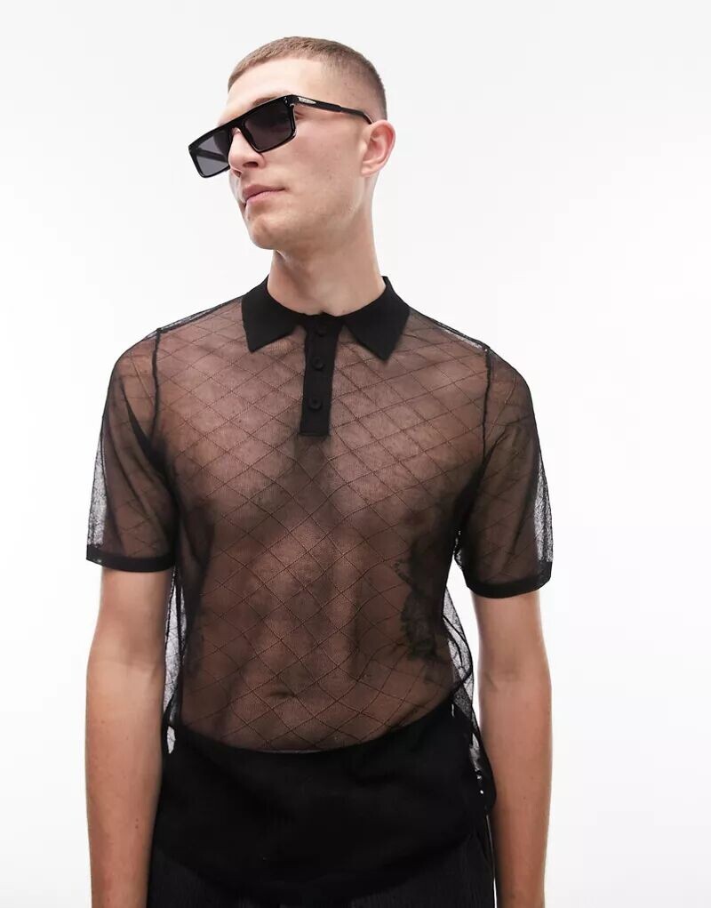 

Черная прозрачная рубашка-поло ромбовидной вязки Topman