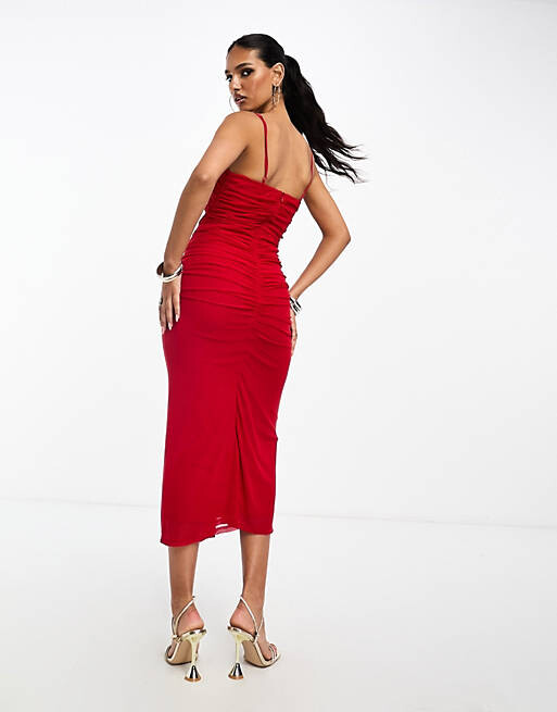 

Красное платье миди со сборками и сборками ASOS DESIGN, Красный