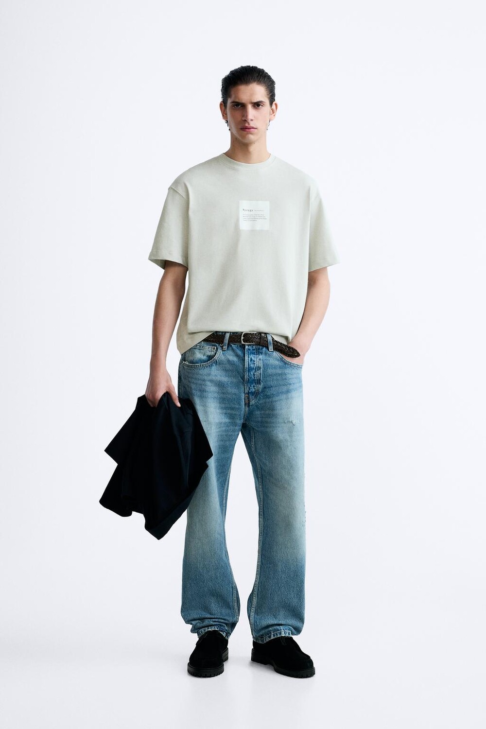 

Футболка с принтом слоганов ZARA, серо-голубой, Синий