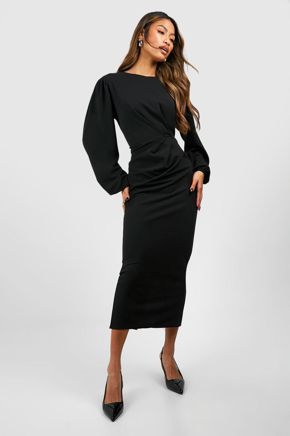 Платье мидакси из крепа с объемными рукавами и драпировкой по бокам boohoo, черный