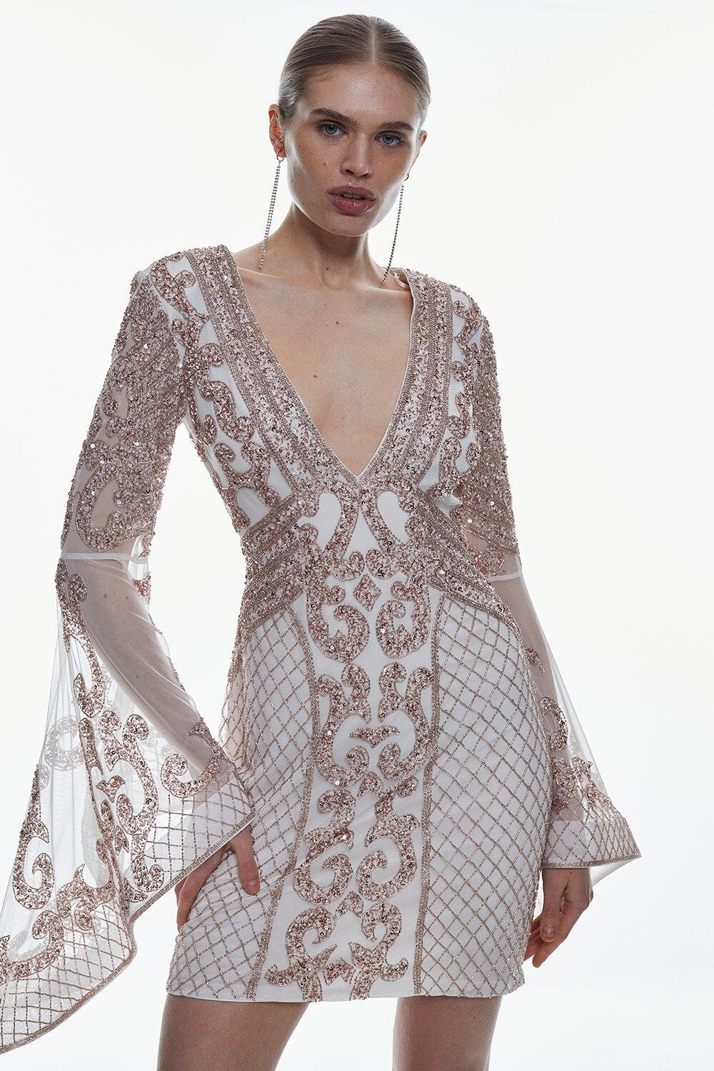 

Мини-платье с декорированными рукавами-кимоно и бисером Karen Millen, белый