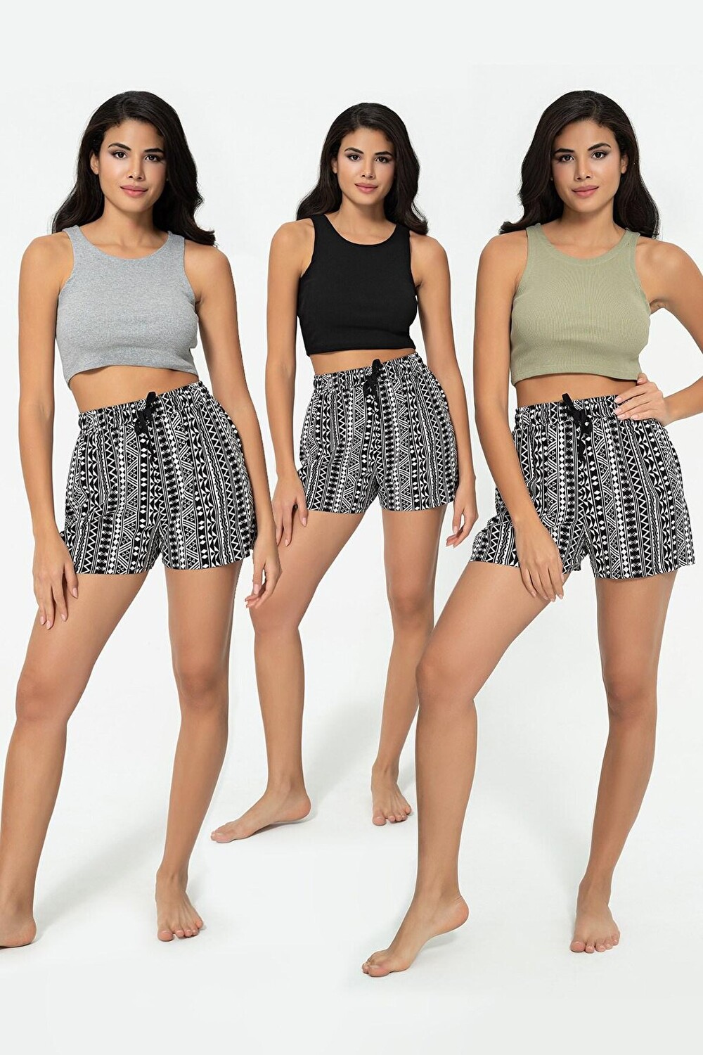 

Укороченная майка в рубчик из трех частей: черно-серо-зеленая FOR YOU MODA