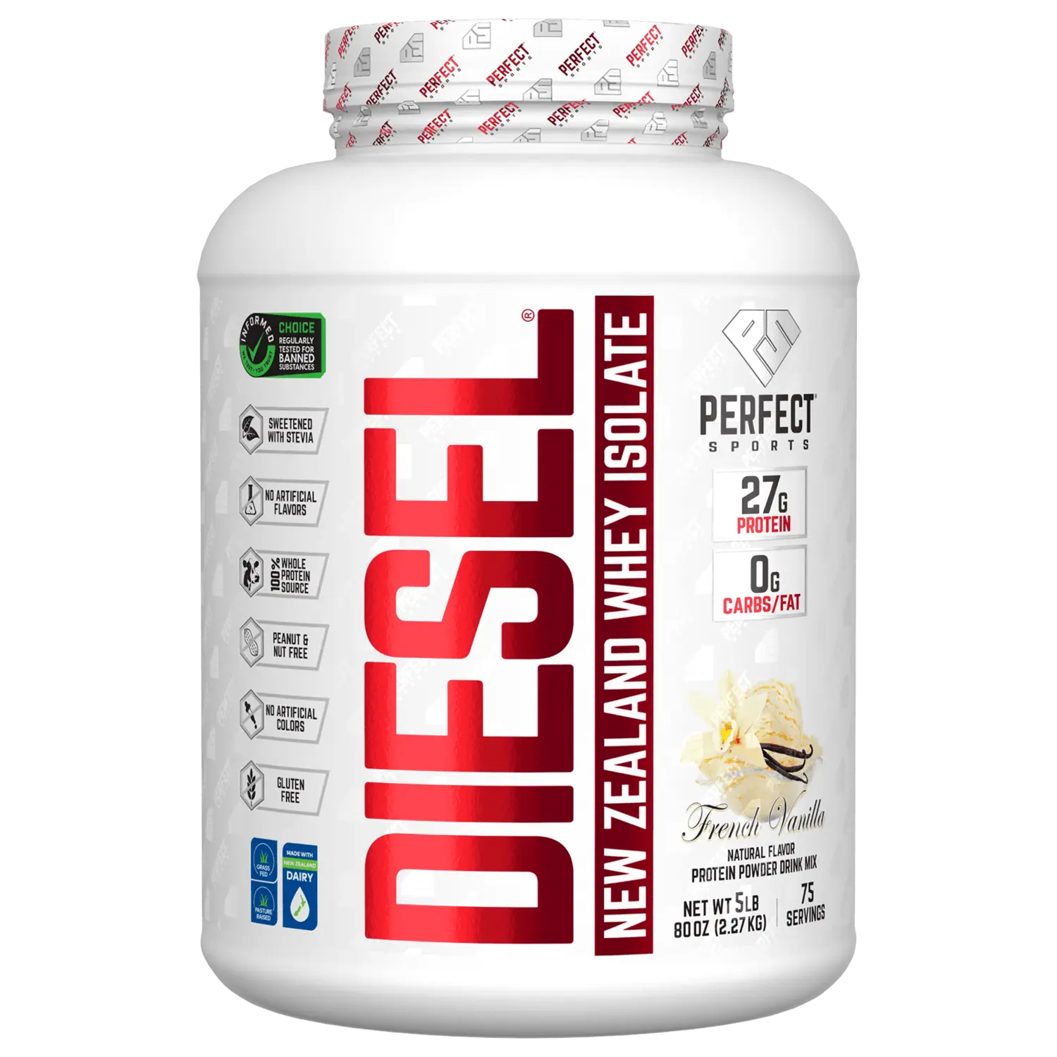 

Diesel, изолят новозеландской сыворотки, французская ваниль, 2,27 кг (5 фунтов), Perfect Sports