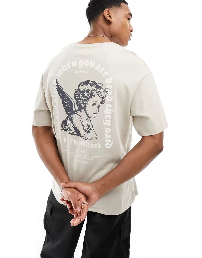 Бежевая оверсайз-футболка ADPT с принтом ангела на спине