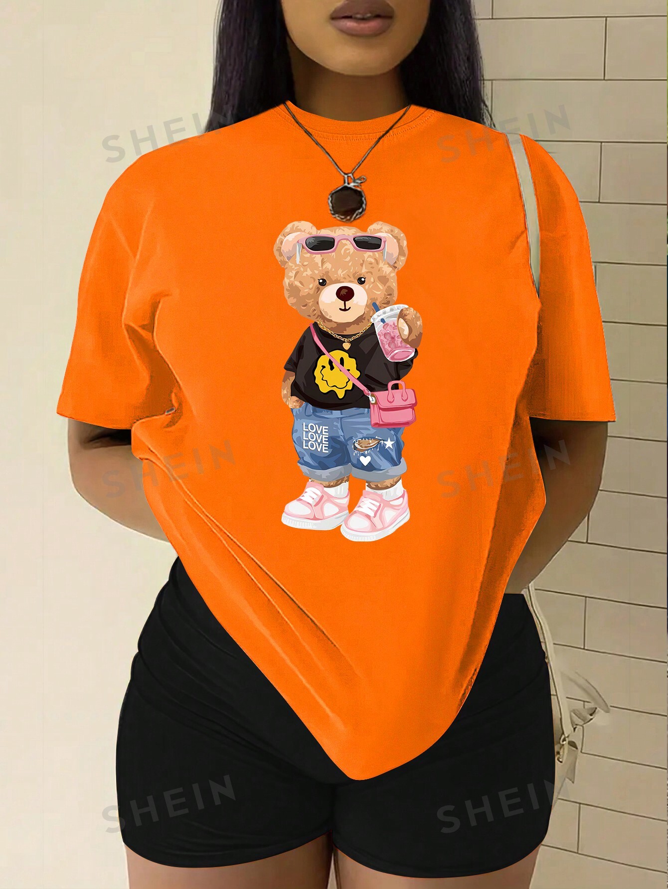 Футболка SHEIN Slayr с принтом Тедди и мультяшным рисунком, апельсин