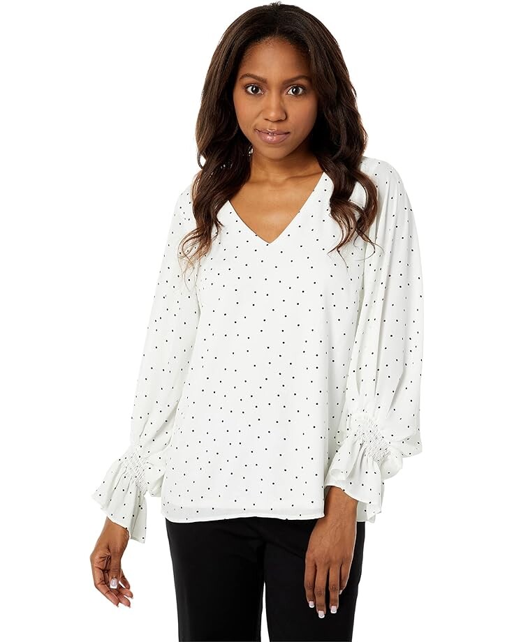 

Блуза Vince Camuto Long Sleeve Smocked Cuff Pindot V-Neck, слоновая кость