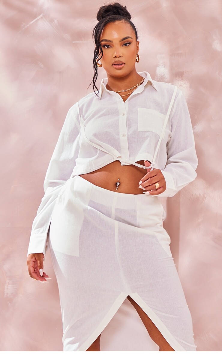 

PrettyLittleThing Белая укороченная рубашка с льняной отделкой и бретелями Plus