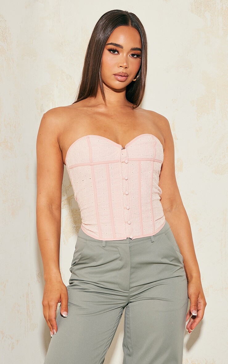 

PrettyLittleThing Корсет Baby Pink Broderie Anglaise с косточками и пуговицами