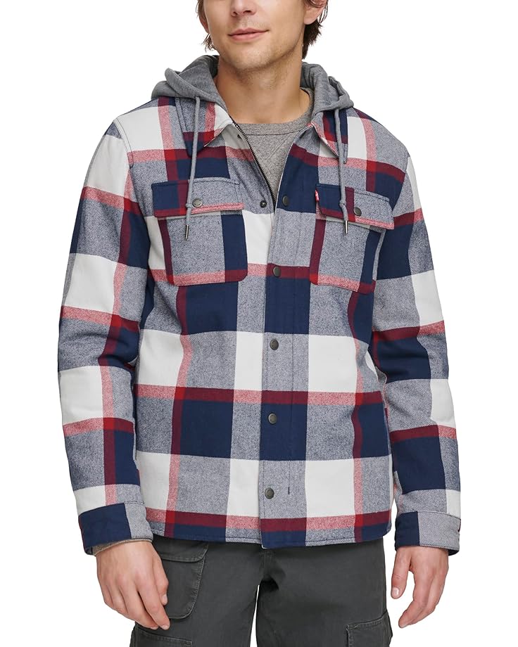 Куртка Levi's Washed Cotton Shirt with A Jersey Hood and Sherpa Lining, цвет Navy/Red Skater Plaid (NRE)