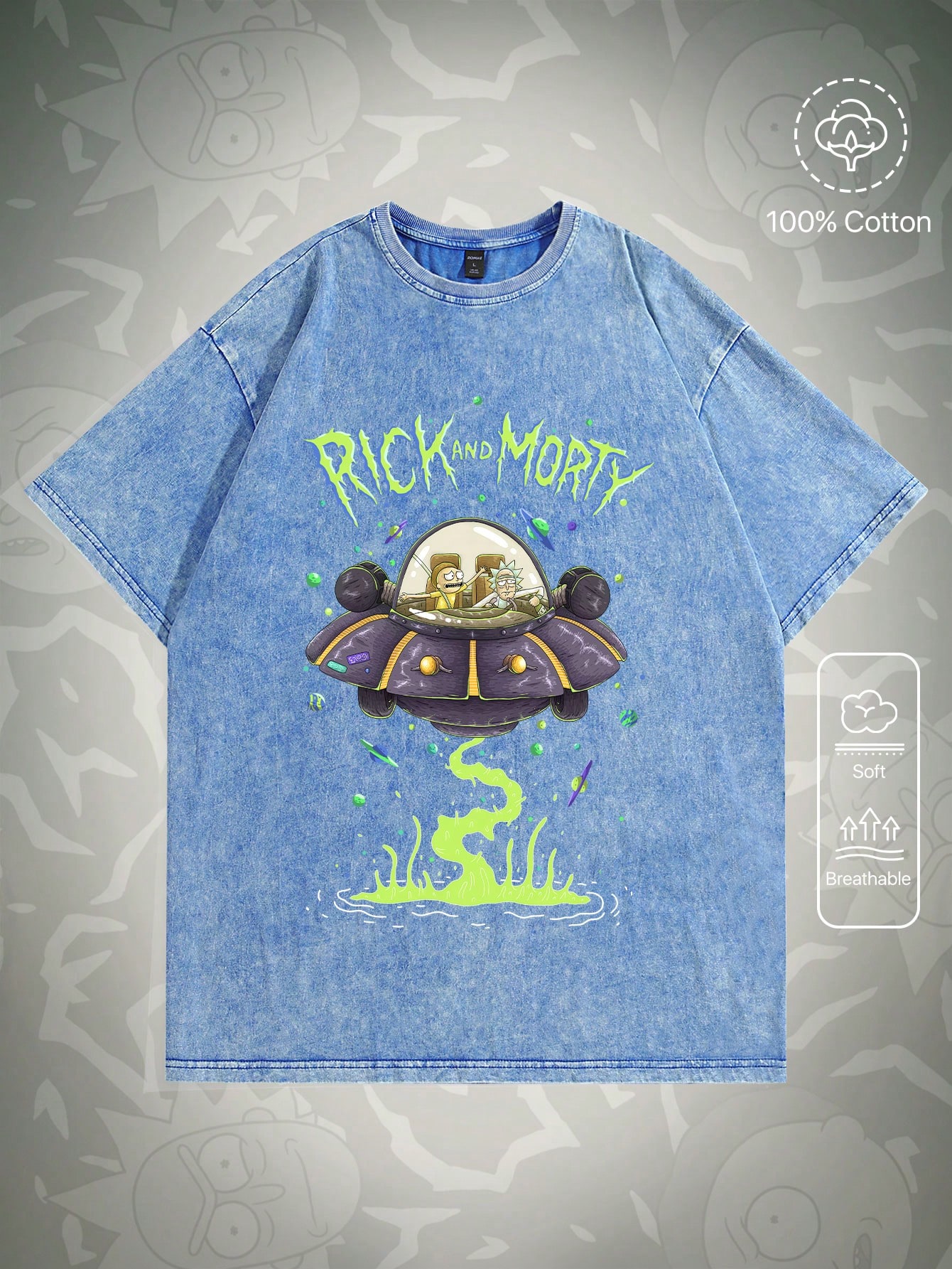 Рик и Морти | ROMWE Мужская футболка с круглым вырезом и принтом букв и мультфильмов, синий