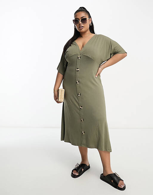 

Платье миди с развевающимися рукавами и пуговицами ASOS DESIGN Curve цвета хаки