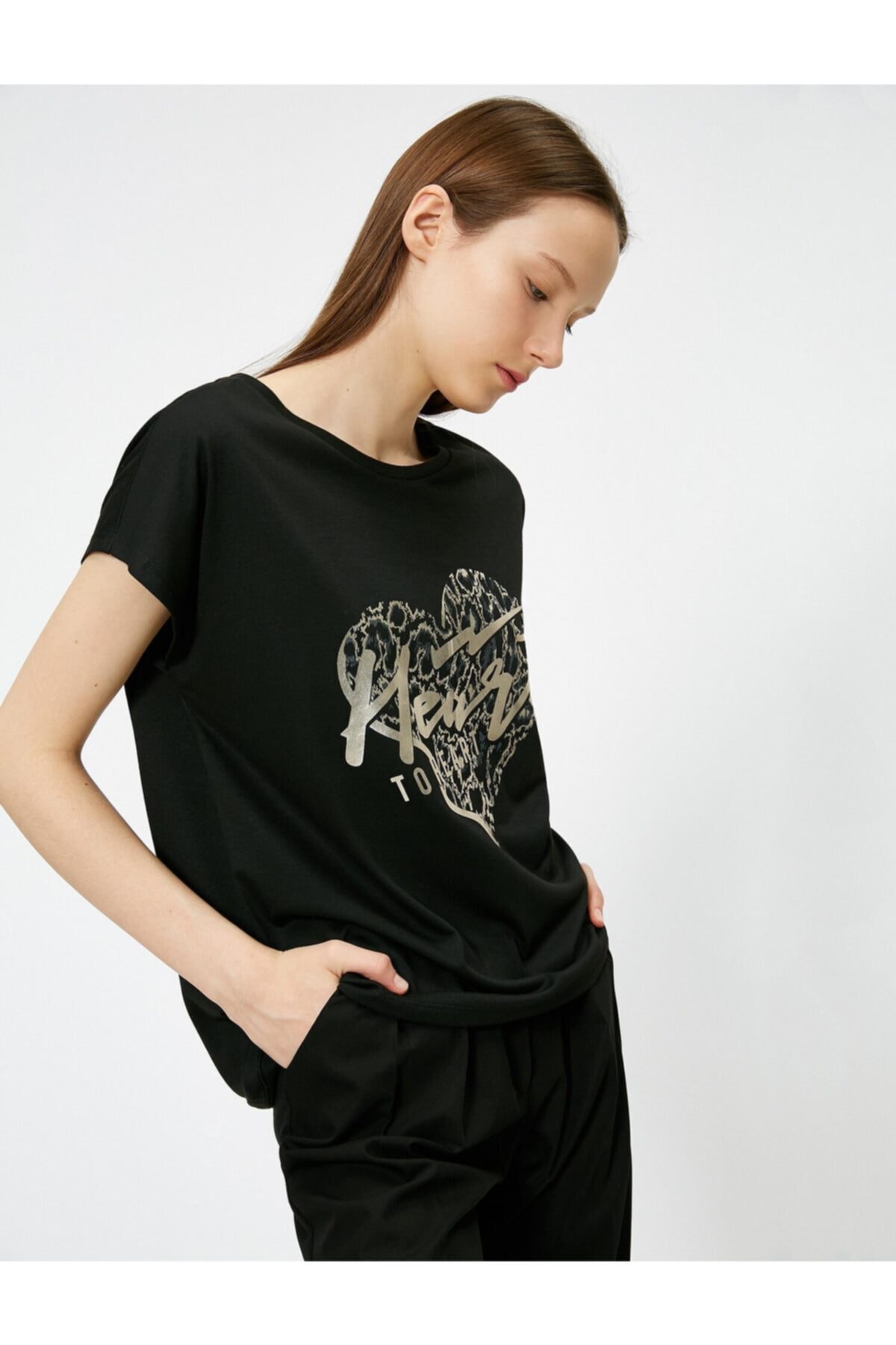 Женская черная футболка с текстовым принтом Koton, черный