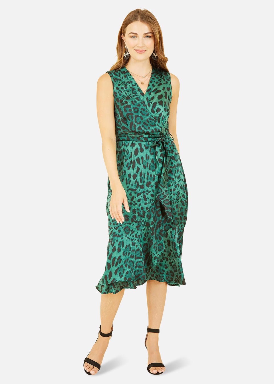Mela Зеленое атласное платье миди с запахом и животным принтом Apple