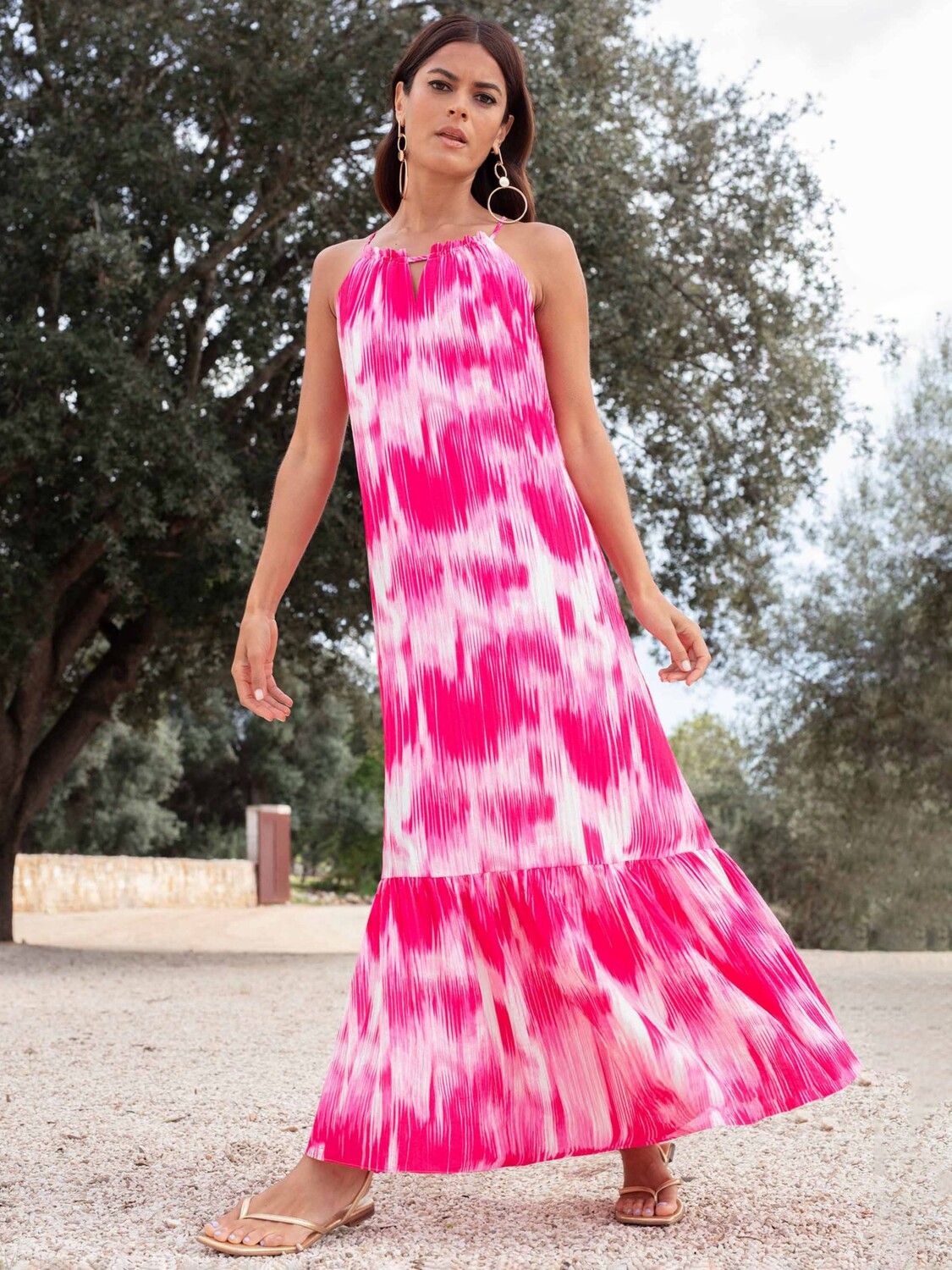

Платье макси с фактурной завязкой на талии Ro&Zo Tie Dye, розовое