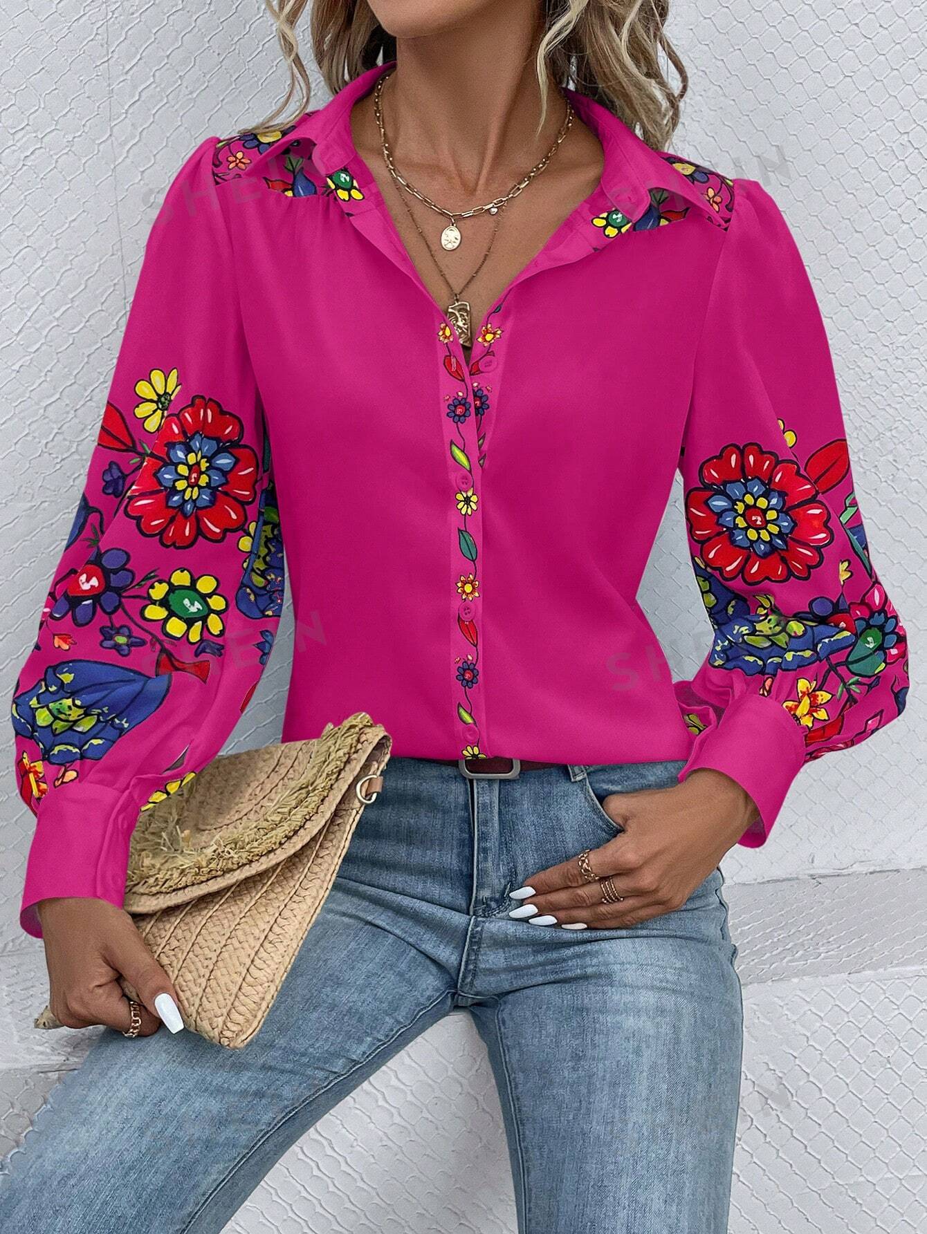 цена SHEIN LUNE Повседневная рубашка с длинным рукавом и отложным воротником с цветочным принтом, ярко-розовый